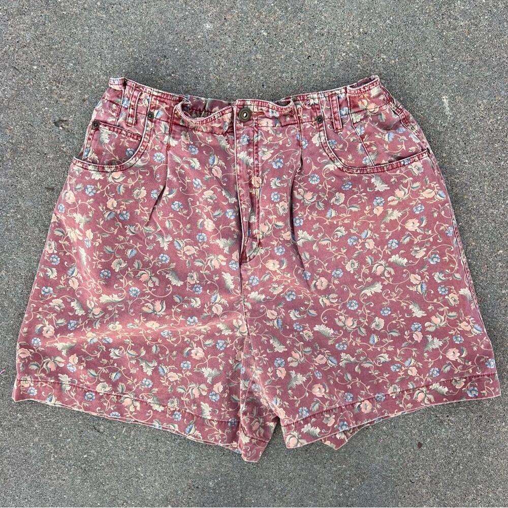 Vintage 90s Liz Wear Muted Maroon Pink Floral High Rise Pleated Mom Shorts Sz 14